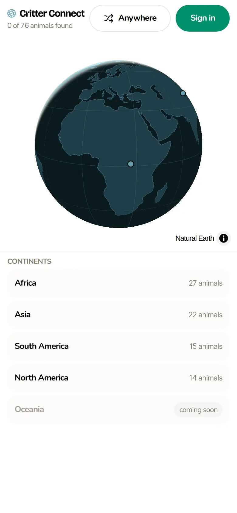 The globe, with each continent and how many animals live there