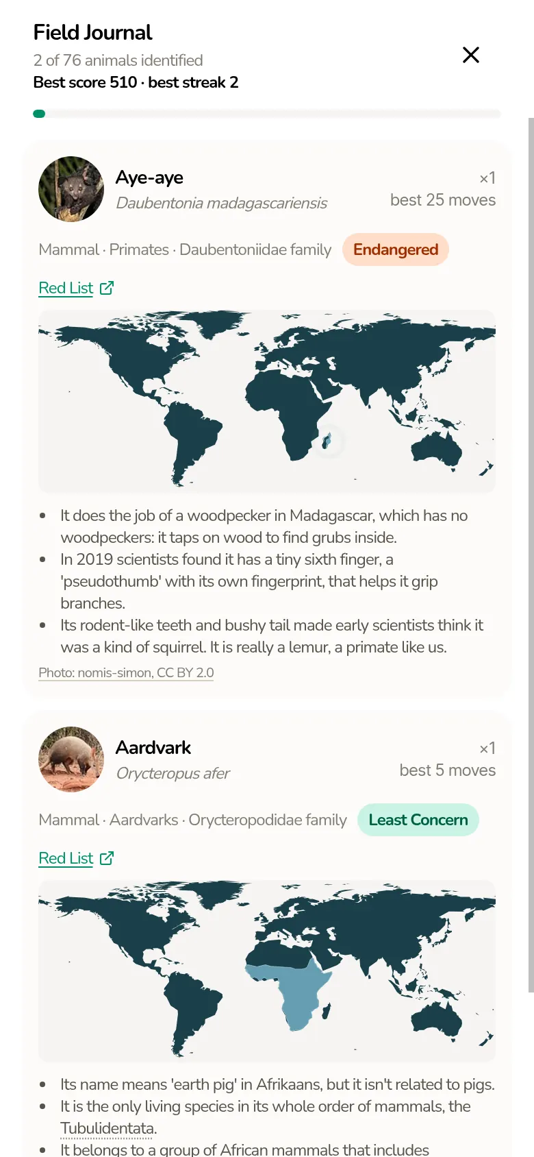 The Field Journal with 2 of 76 animals found, the Aye-aye and the Aardvark, each with its range map and facts